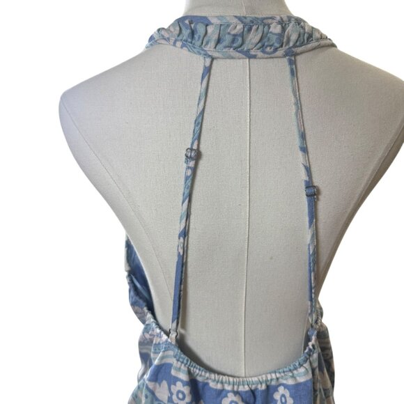 Free People Linen Blend Halter Mini Dress Blue Boho Floral Stripe Pattern Size M - Picture 3 of 11